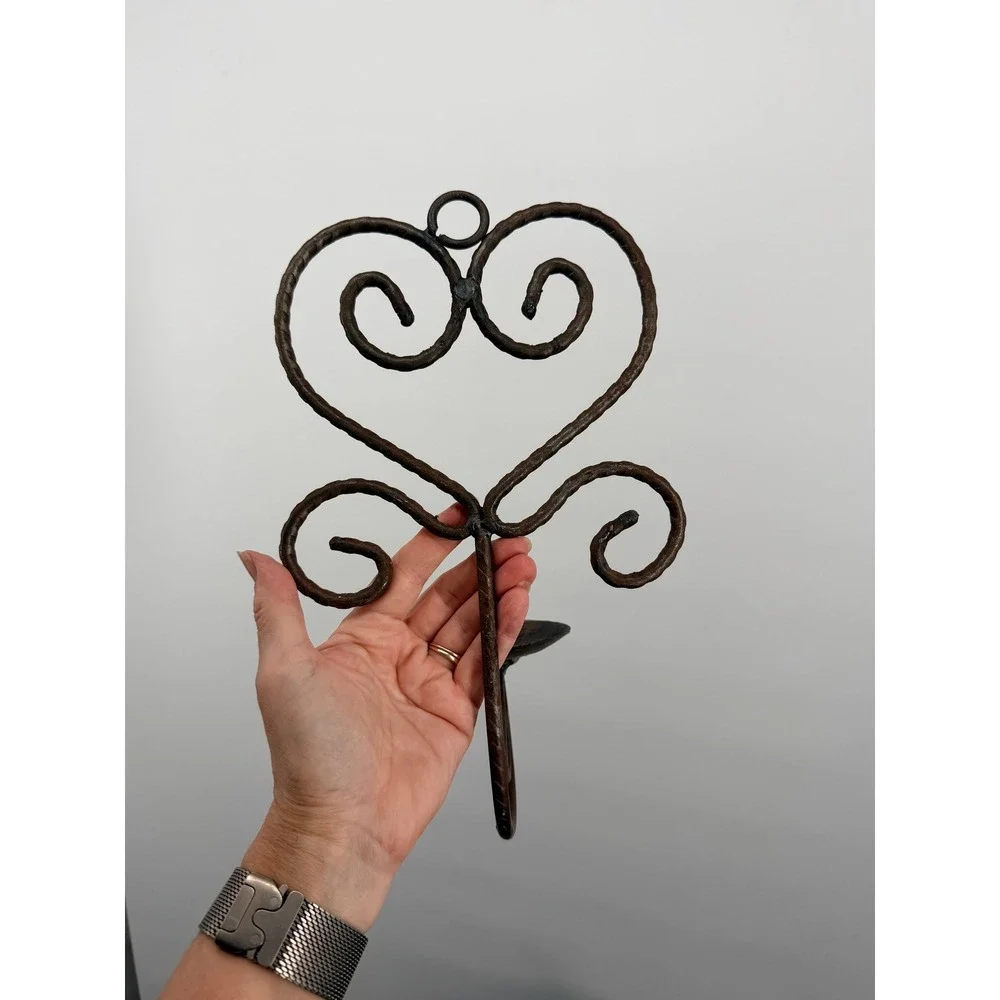 Vintage Wrought Iron Heart Scroll Wall Sconce Candle Holder Rustic Brown Metal